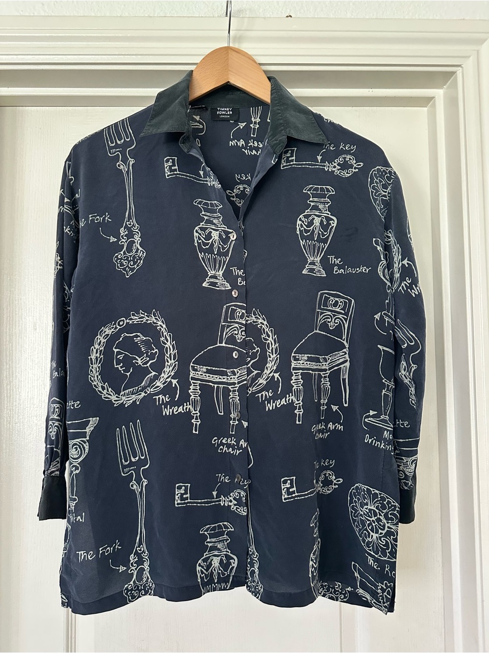 Vintage Timney Fowler London 100% Silk Button Up Shirt Art Design Small Black